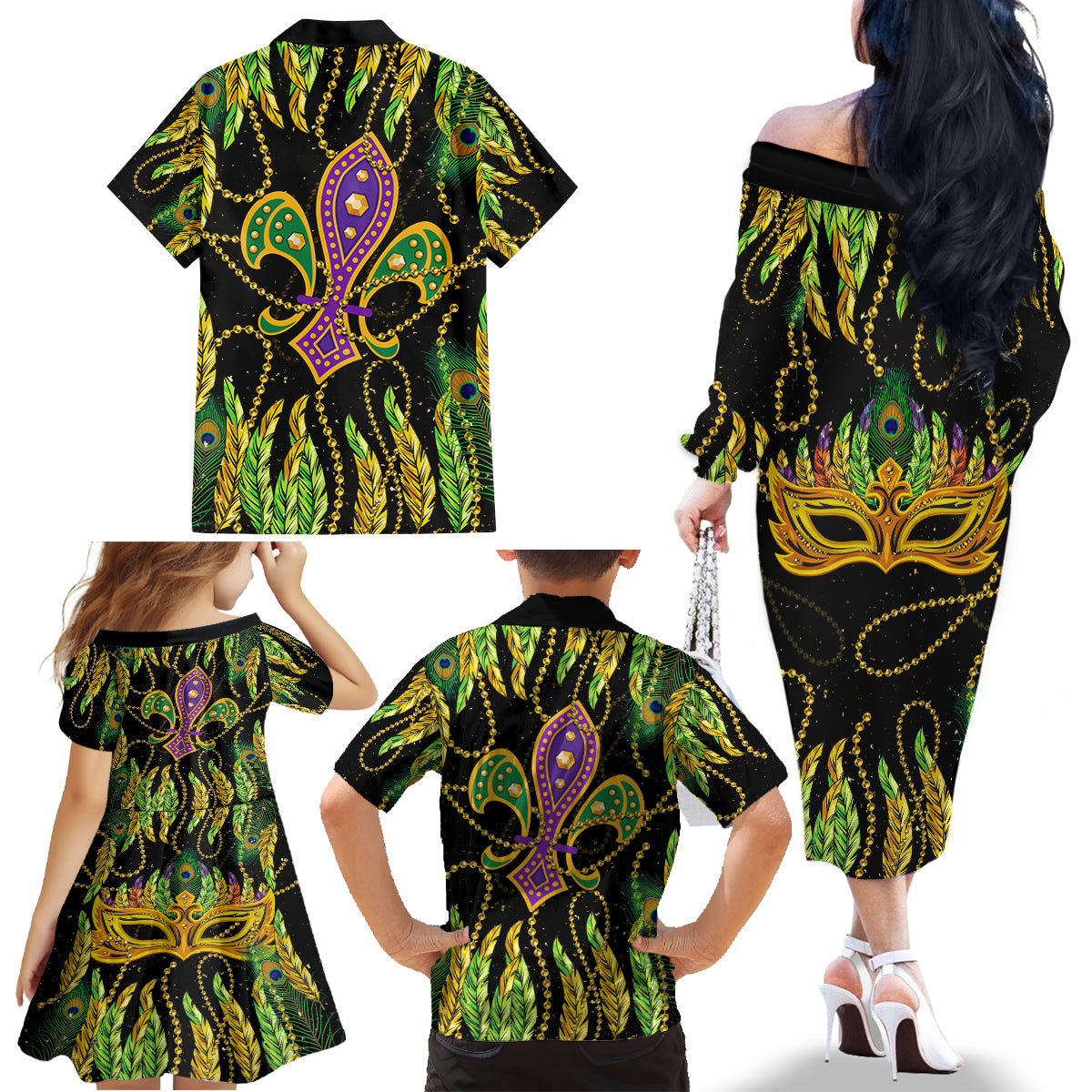 Feather Mask Mardi Gras Family Matching Off Shoulder Long Sleeve Dress and Hawaiian Shirt - Wonder Print Shop