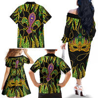 Feather Mask Mardi Gras Family Matching Off Shoulder Long Sleeve Dress and Hawaiian Shirt - Wonder Print Shop