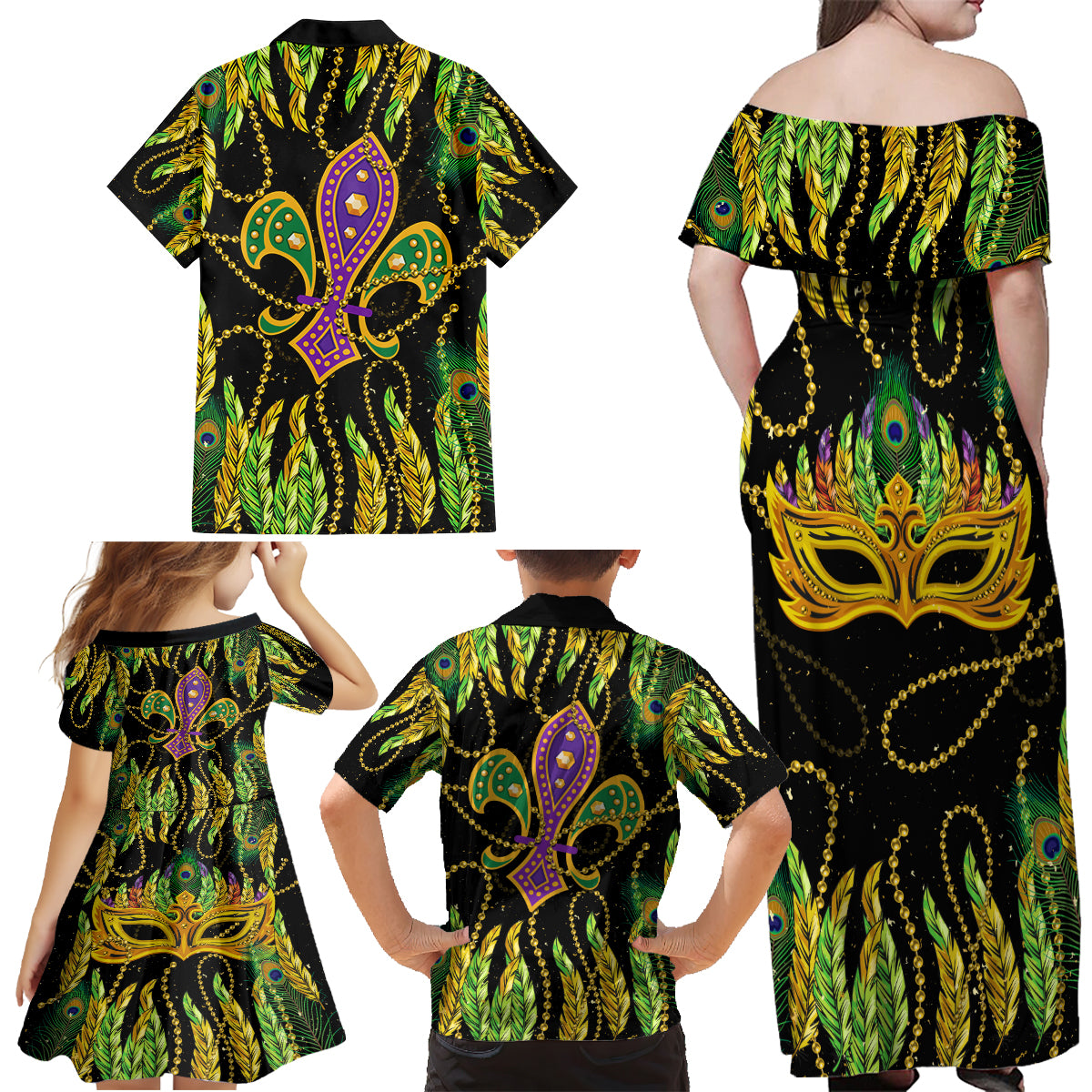 Feather Mask Mardi Gras Family Matching Off Shoulder Maxi Dress and Hawaiian Shirt LT9 - Wonder Print Shop