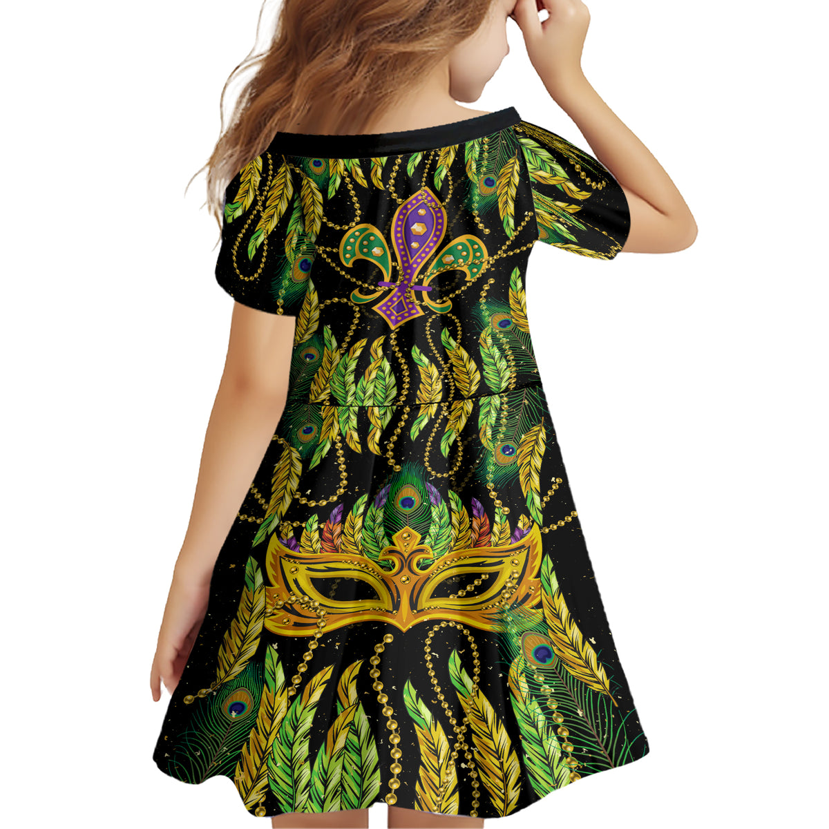 Feather Mask Mardi Gras Family Matching Short Sleeve Bodycon Dress and Hawaiian Shirt - Wonder Print Shop