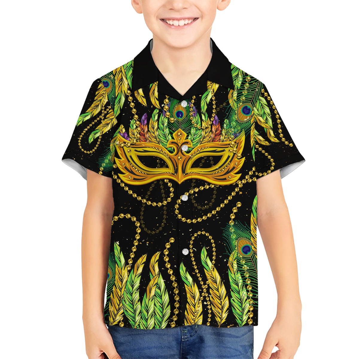 Feather Mask Mardi Gras Family Matching Short Sleeve Bodycon Dress and Hawaiian Shirt - Wonder Print Shop