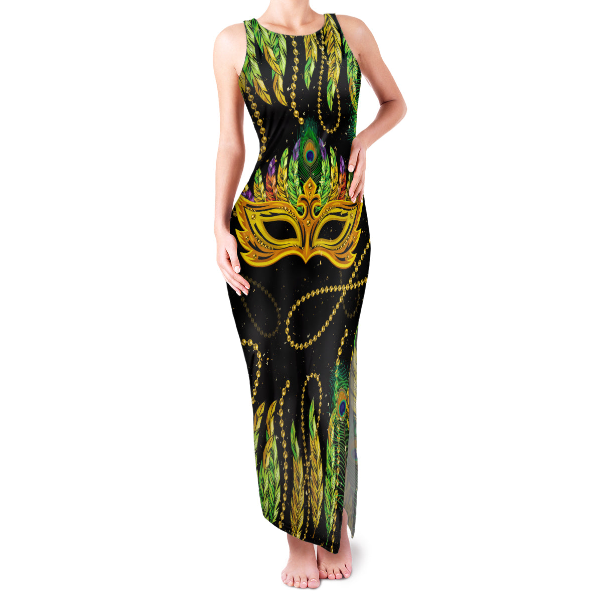 Feather Mask Mardi Gras Family Matching Tank Maxi Dress and Hawaiian Shirt - Wonder Print Shop