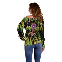 Feather Mask Mardi Gras Off Shoulder Sweater - Wonder Print Shop