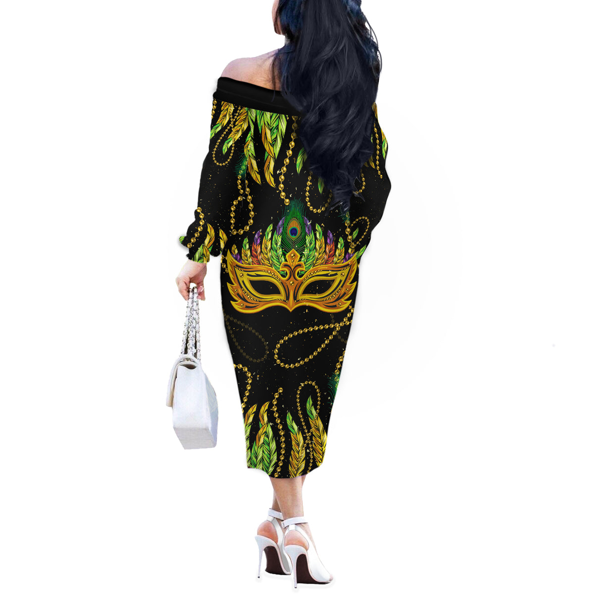 Feather Mask Mardi Gras Off The Shoulder Long Sleeve Dress - Wonder Print Shop