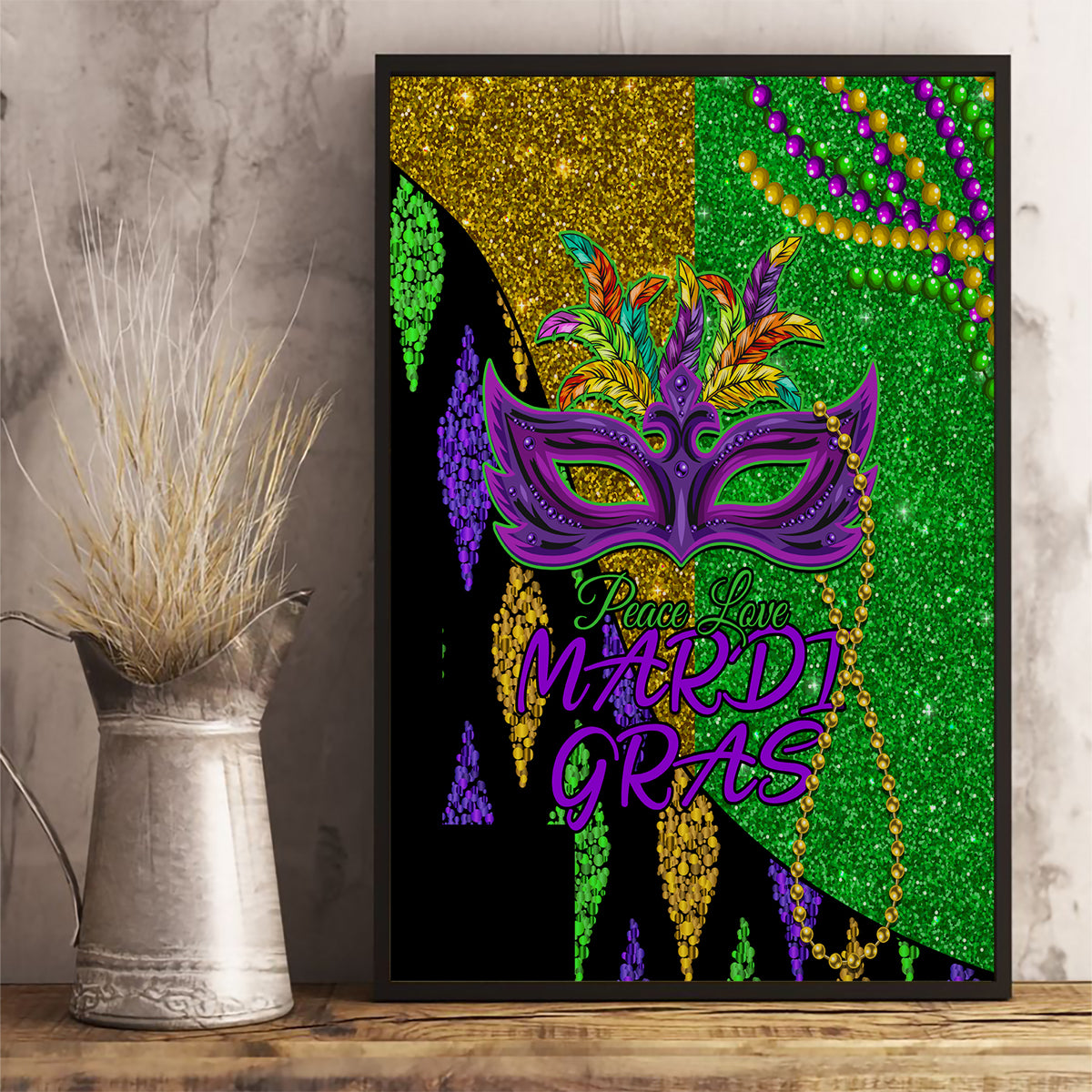 Peace Love Mardi Gras Canvas Wall Art Carnival Masks With Feathers LT9 - Wonder Print Shop