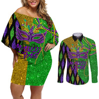 Peace Love Mardi Gras Couples Matching Off Shoulder Short Dress and Long Sleeve Button Shirt Carnival Masks With Feathers LT9 - Wonder Print Shop