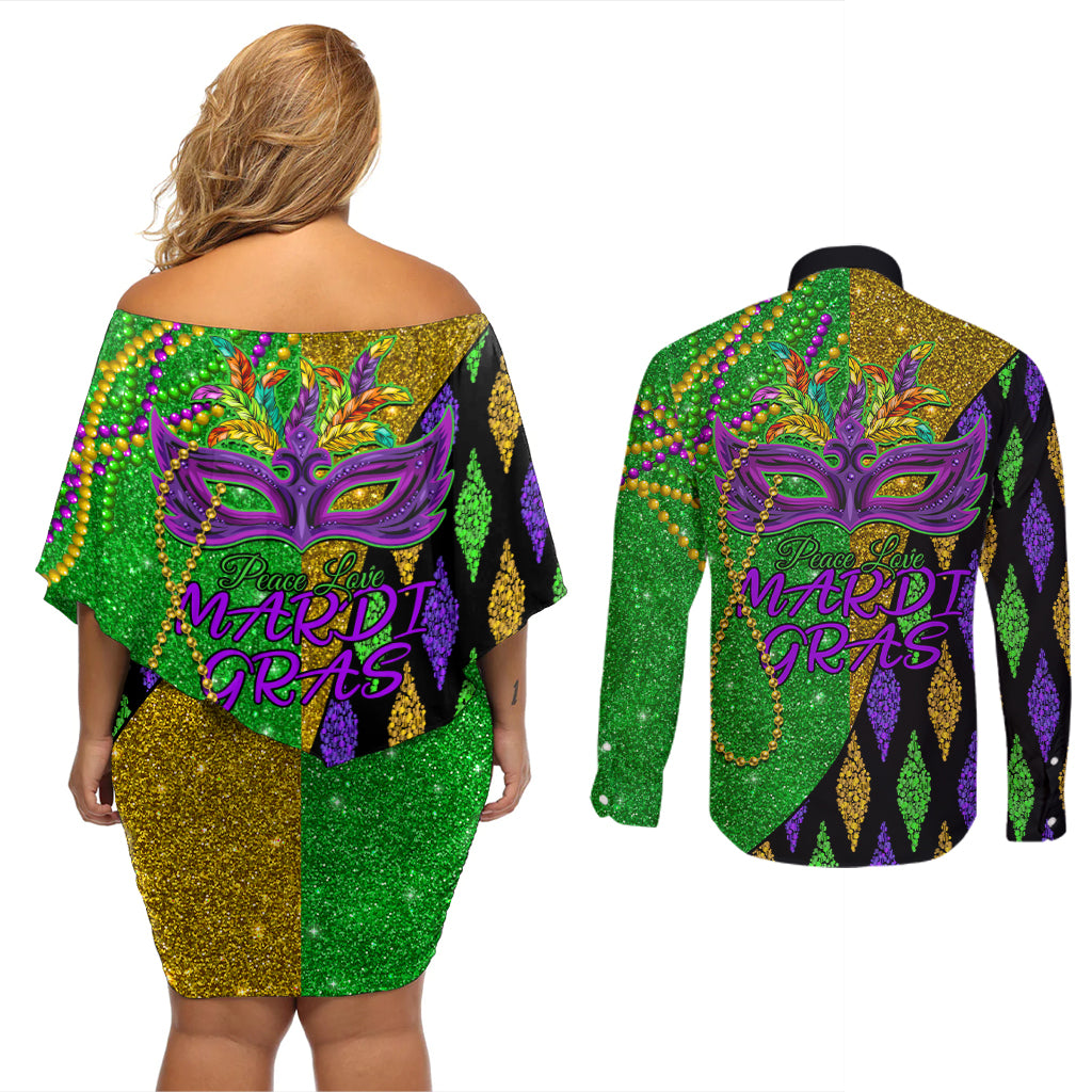 Peace Love Mardi Gras Couples Matching Off Shoulder Short Dress and Long Sleeve Button Shirt Carnival Masks With Feathers LT9 - Wonder Print Shop