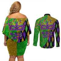 Peace Love Mardi Gras Couples Matching Off Shoulder Short Dress and Long Sleeve Button Shirt Carnival Masks With Feathers LT9 - Wonder Print Shop