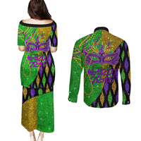 Peace Love Mardi Gras Couples Matching Puletasi and Long Sleeve Button Shirt Carnival Masks With Feathers LT9 - Wonder Print Shop