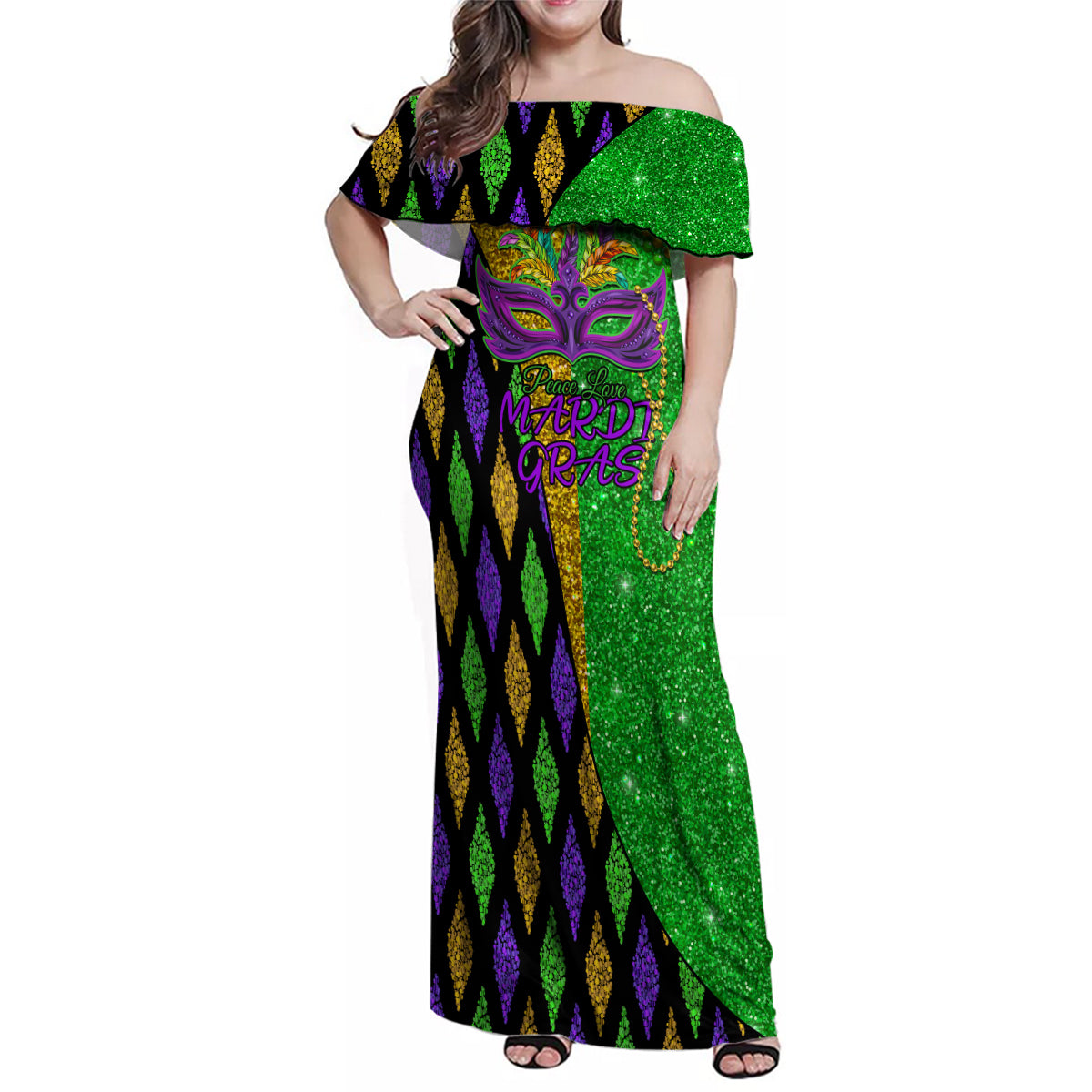 Peace Love Mardi Gras Family Matching Off Shoulder Maxi Dress and Hawaiian Shirt Carnival Masks With Feathers LT9 - Wonder Print Shop