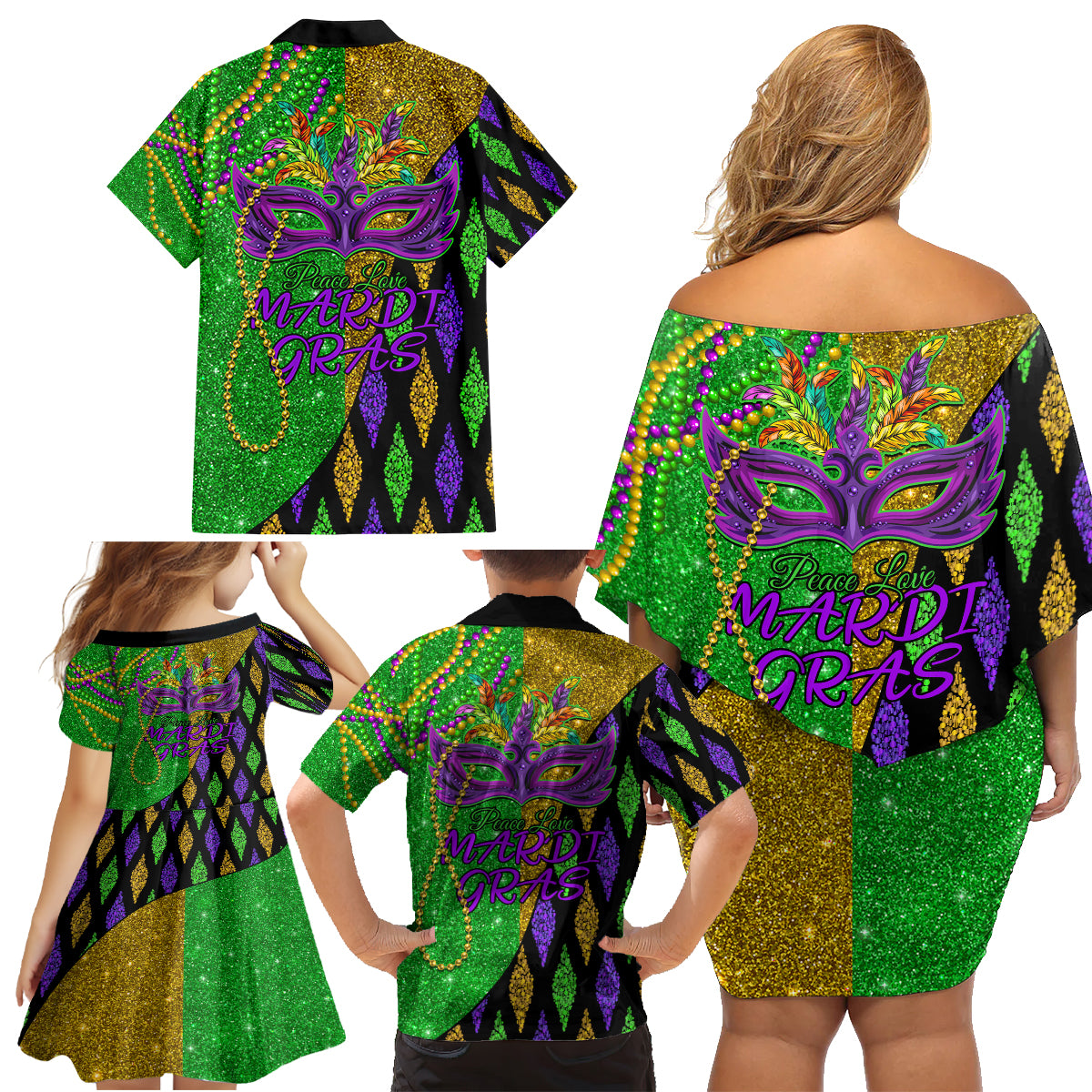 Peace Love Mardi Gras Family Matching Off Shoulder Short Dress and Hawaiian Shirt Carnival Masks With Feathers LT9 - Wonder Print Shop