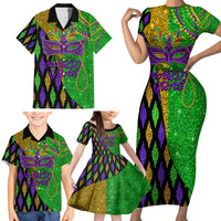 Peace Love Mardi Gras Family Matching Short Sleeve Bodycon Dress and Hawaiian Shirt Carnival Masks With Feathers - Wonder Print Shop