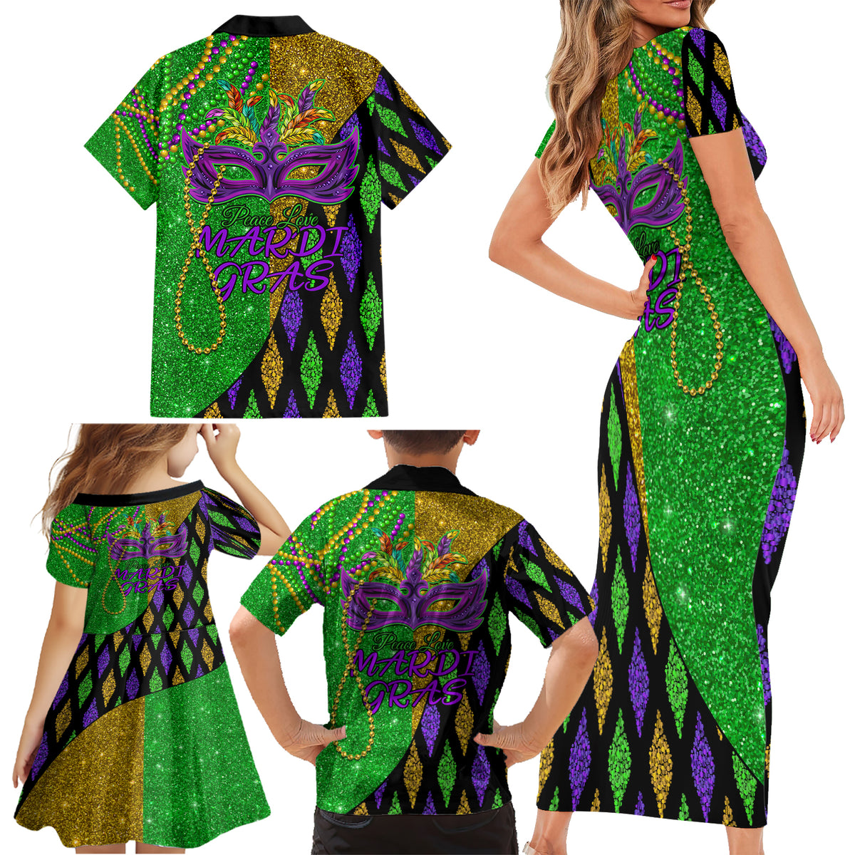Peace Love Mardi Gras Family Matching Short Sleeve Bodycon Dress and Hawaiian Shirt Carnival Masks With Feathers - Wonder Print Shop