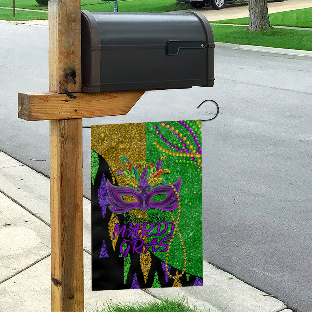 Peace Love Mardi Gras Garden Flag Carnival Masks With Feathers - Wonder Print Shop