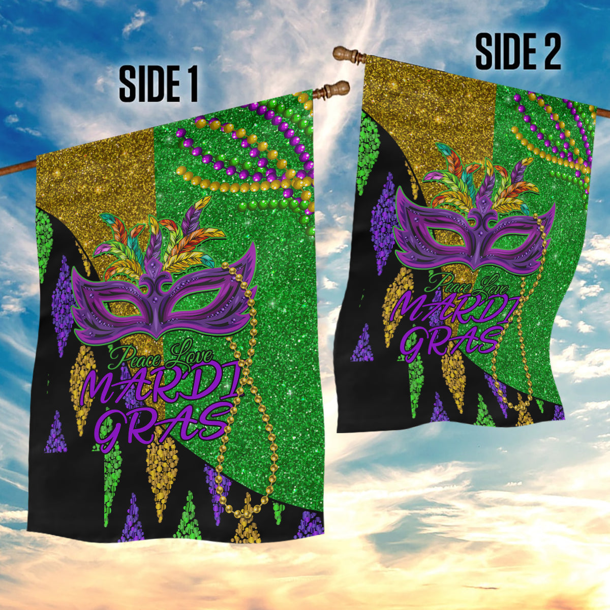 Peace Love Mardi Gras Garden Flag Carnival Masks With Feathers - Wonder Print Shop