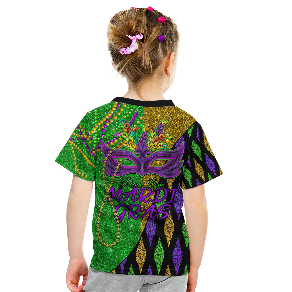 Peace Love Mardi Gras Kid T Shirt Carnival Masks With Feathers - Wonder Print Shop