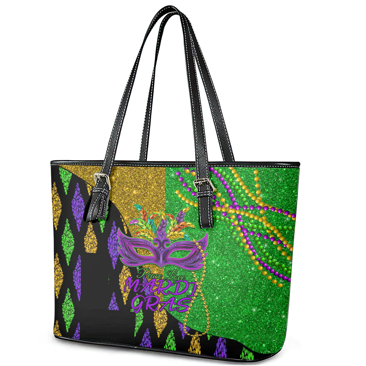 Peace Love Mardi Gras Leather Tote Bag Carnival Masks With Feathers - Wonder Print Shop