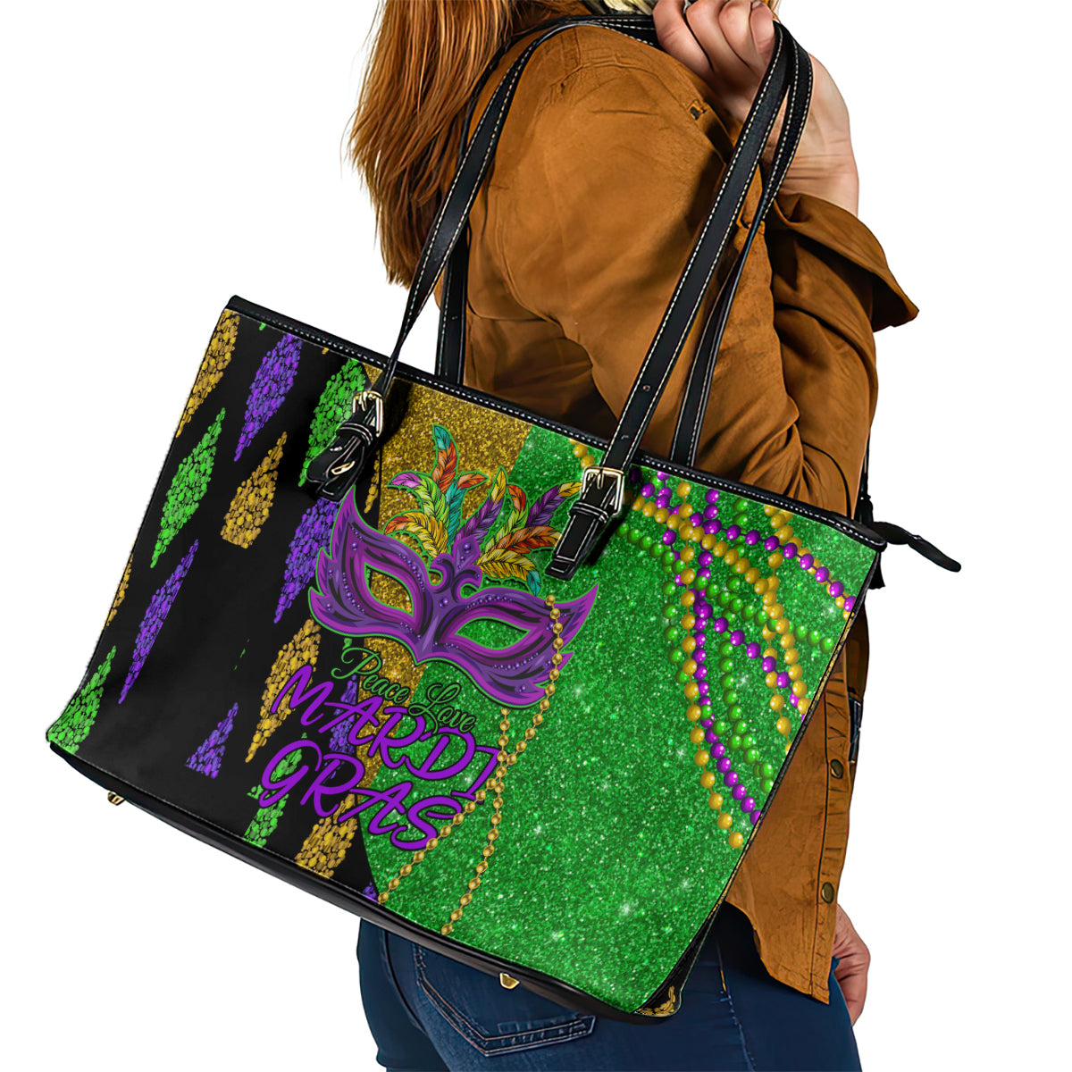 Peace Love Mardi Gras Leather Tote Bag Carnival Masks With Feathers - Wonder Print Shop