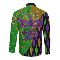 Peace Love Mardi Gras Long Sleeve Button Shirt Carnival Masks With Feathers - Wonder Print Shop