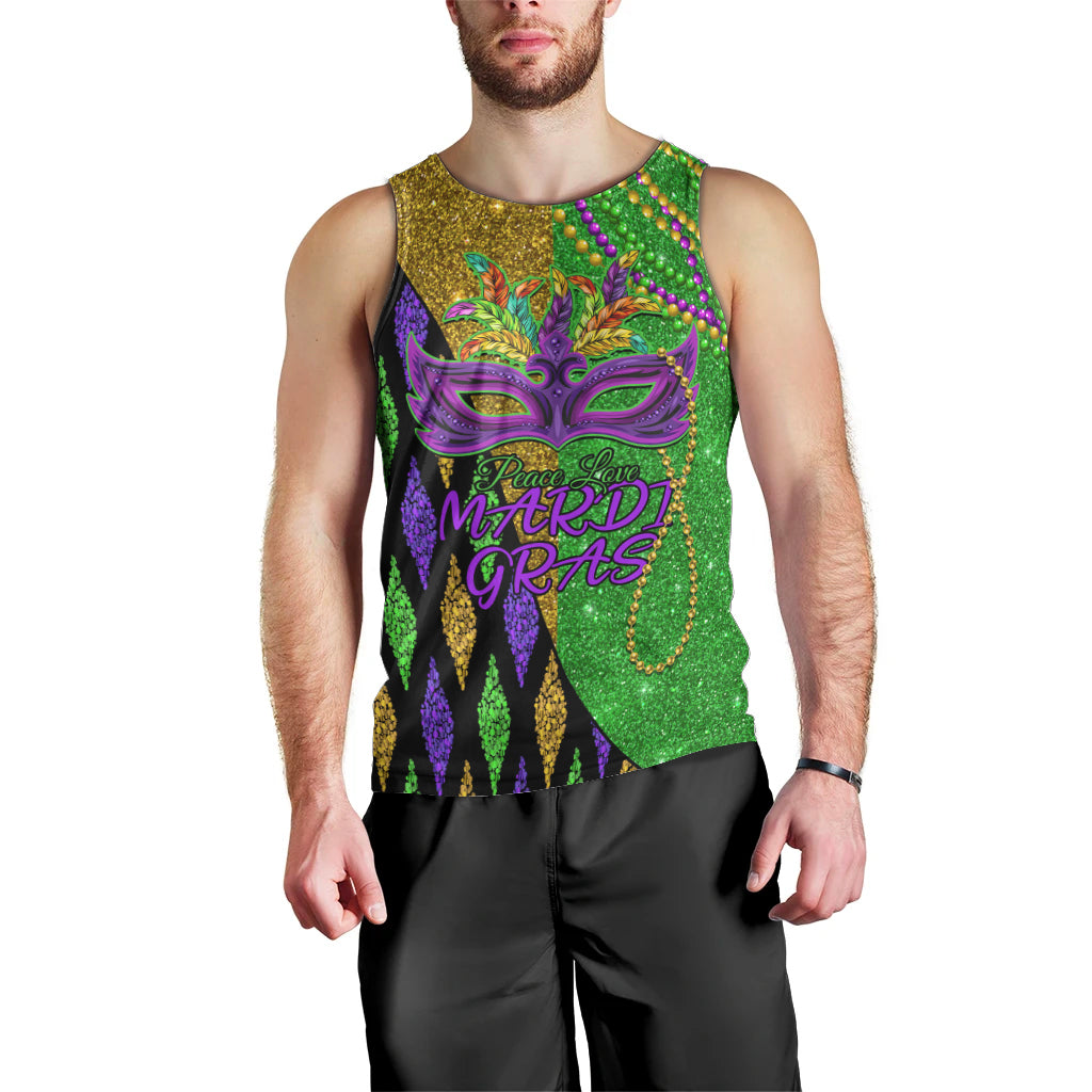 Peace Love Mardi Gras Men Tank Top Carnival Masks With Feathers - Wonder Print Shop
