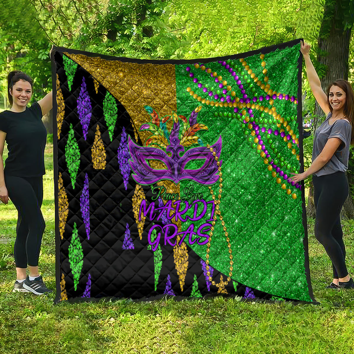 Peace Love Mardi Gras Quilt Carnival Masks With Feathers - Wonder Print Shop