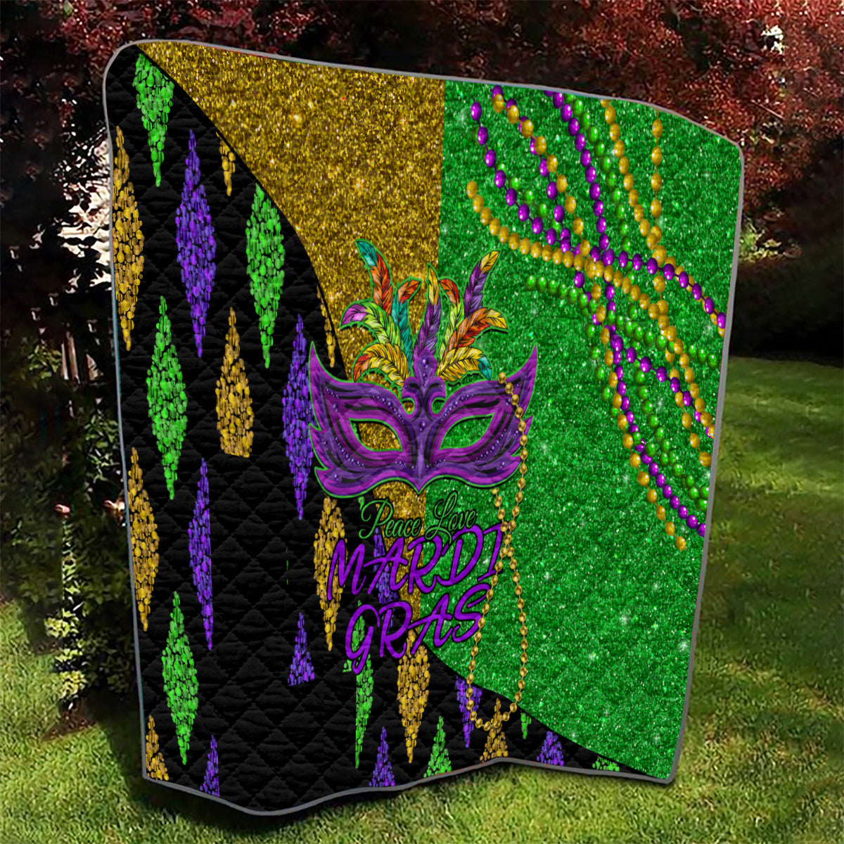 Peace Love Mardi Gras Quilt Carnival Masks With Feathers - Wonder Print Shop