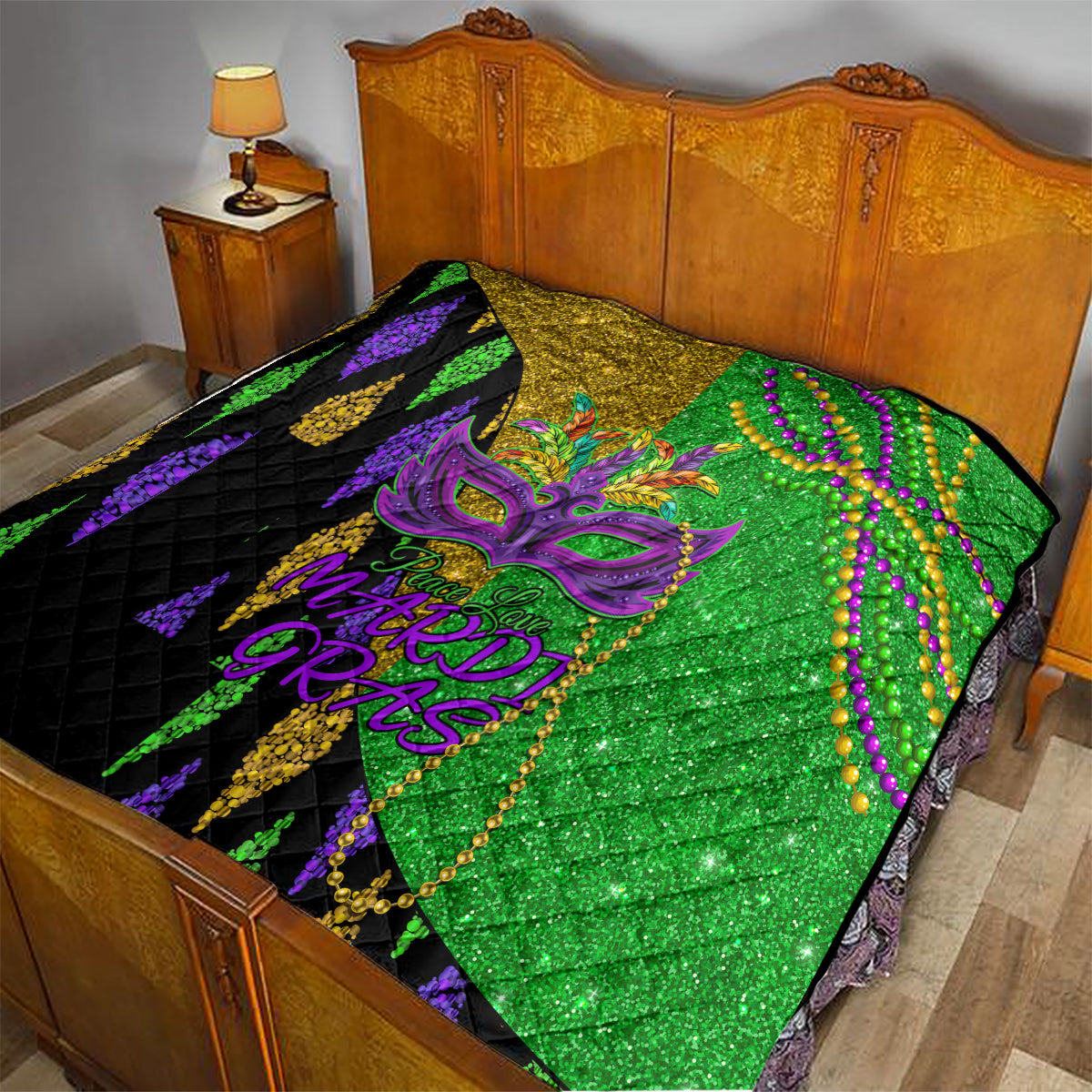 Peace Love Mardi Gras Quilt Carnival Masks With Feathers - Wonder Print Shop