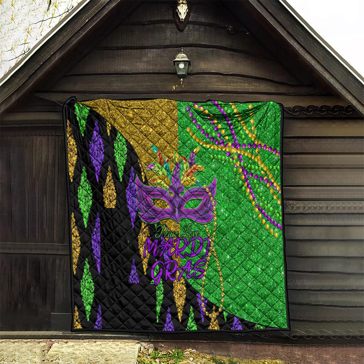 Peace Love Mardi Gras Quilt Carnival Masks With Feathers - Wonder Print Shop