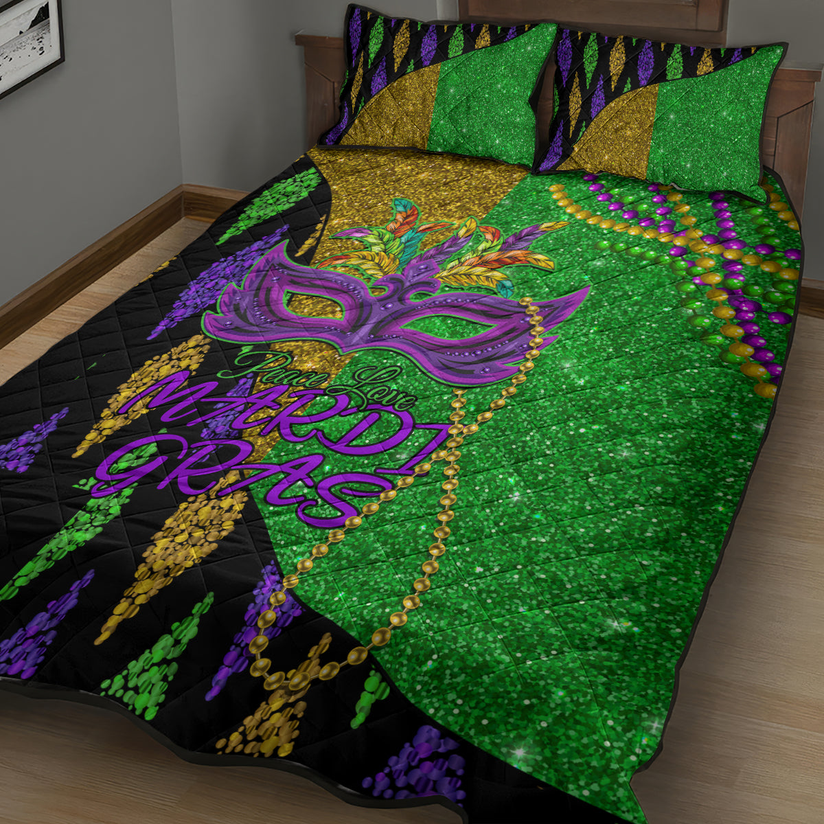 Peace Love Mardi Gras Quilt Bed Set Carnival Masks With Feathers - Wonder Print Shop