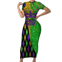 Peace Love Mardi Gras Short Sleeve Bodycon Dress Carnival Masks With Feathers LT9