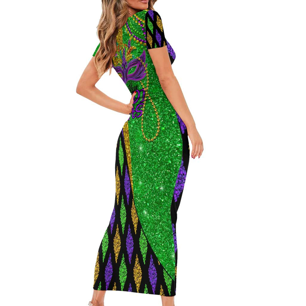 Peace Love Mardi Gras Short Sleeve Bodycon Dress Carnival Masks With Feathers LT9