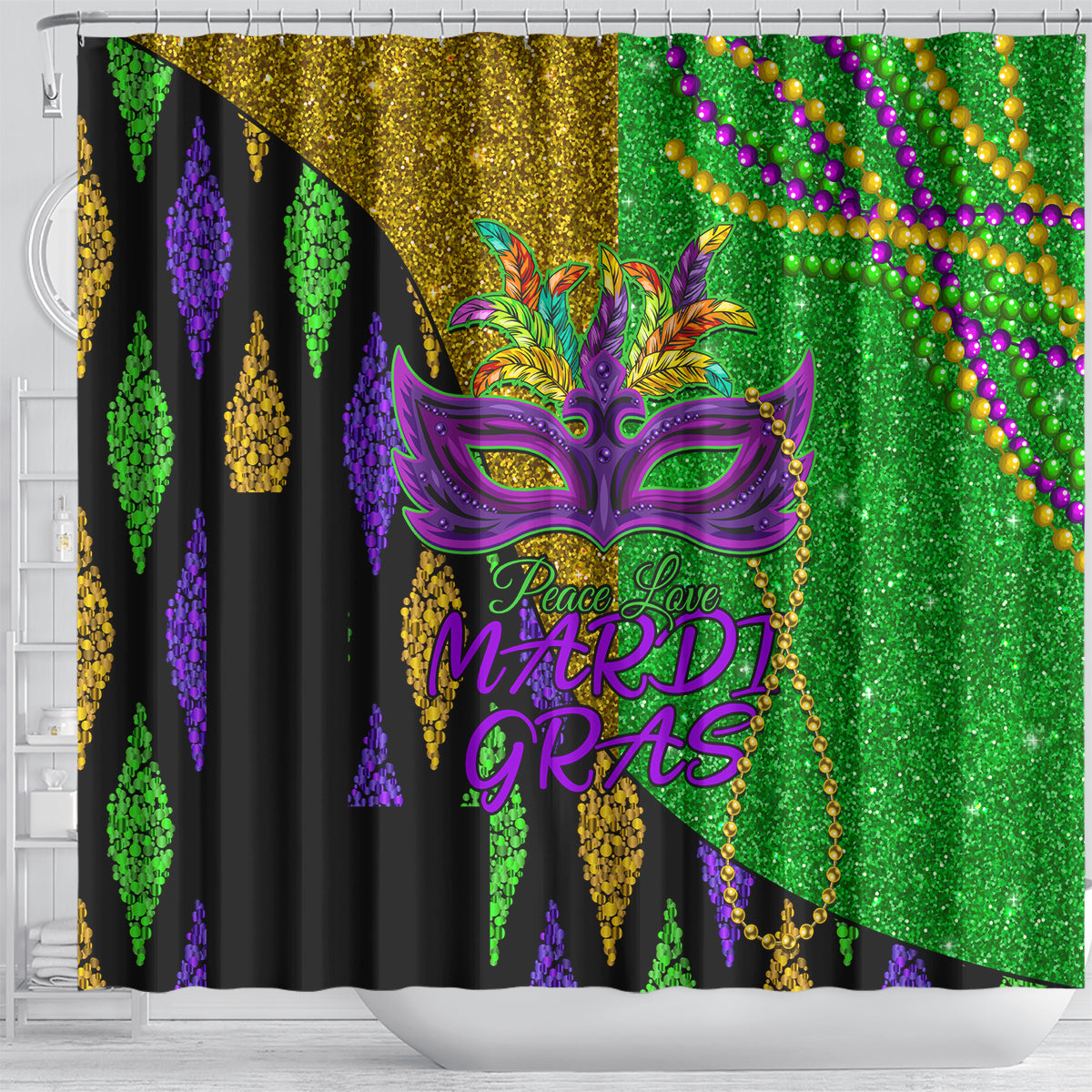 Peace Love Mardi Gras Shower Curtain Carnival Masks With Feathers