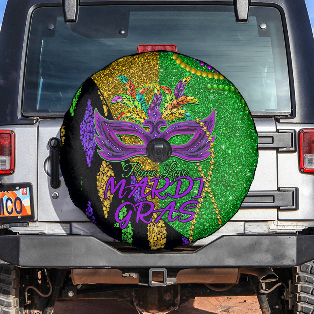 Peace Love Mardi Gras Spare Tire Cover Carnival Masks With Feathers - Wonder Print Shop