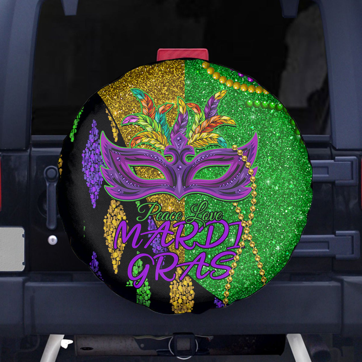 Peace Love Mardi Gras Spare Tire Cover Carnival Masks With Feathers - Wonder Print Shop
