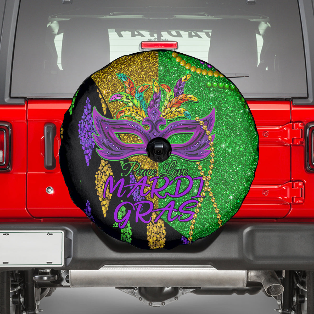 Peace Love Mardi Gras Spare Tire Cover Carnival Masks With Feathers - Wonder Print Shop