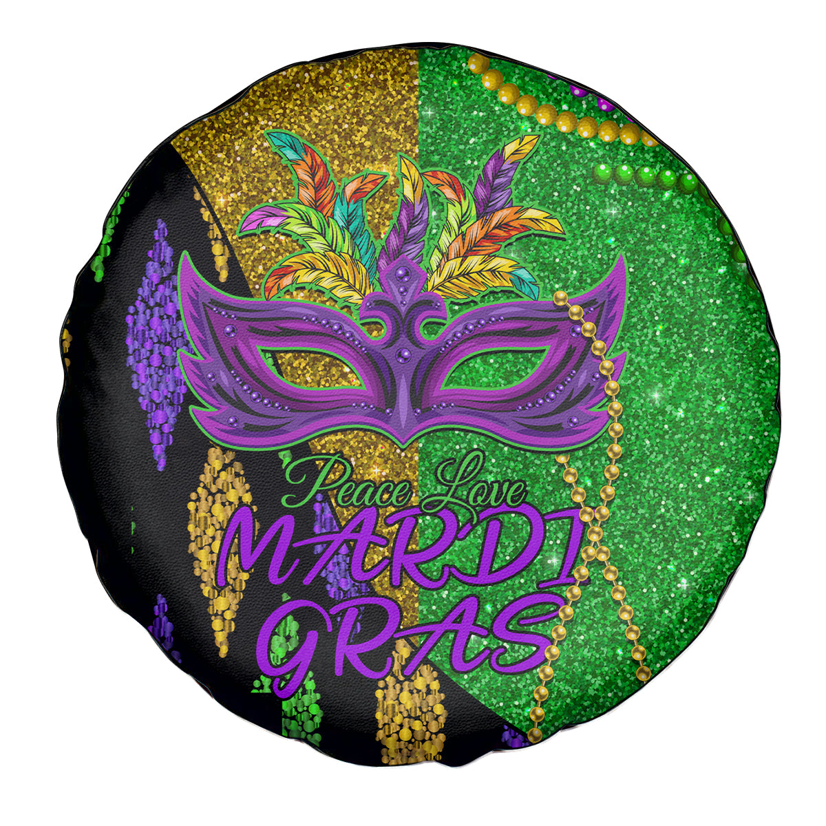 Peace Love Mardi Gras Spare Tire Cover Carnival Masks With Feathers - Wonder Print Shop