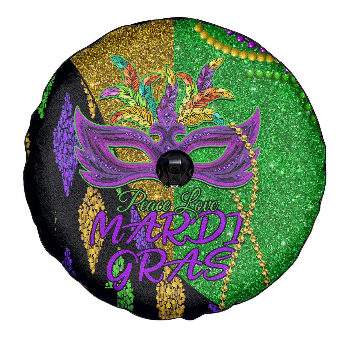 Peace Love Mardi Gras Spare Tire Cover Carnival Masks With Feathers - Wonder Print Shop