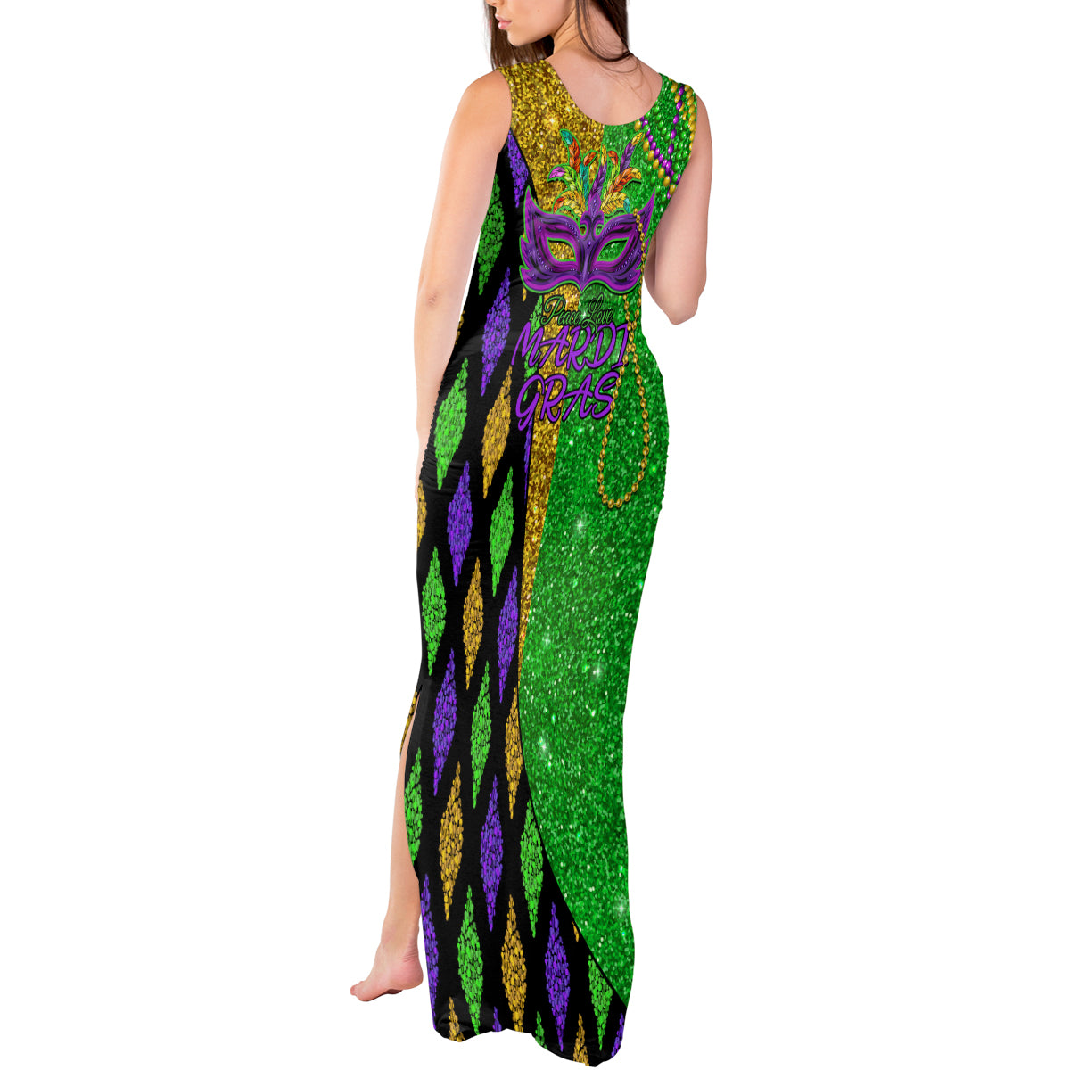 Peace Love Mardi Gras Tank Maxi Dress Carnival Masks With Feathers - Wonder Print Shop
