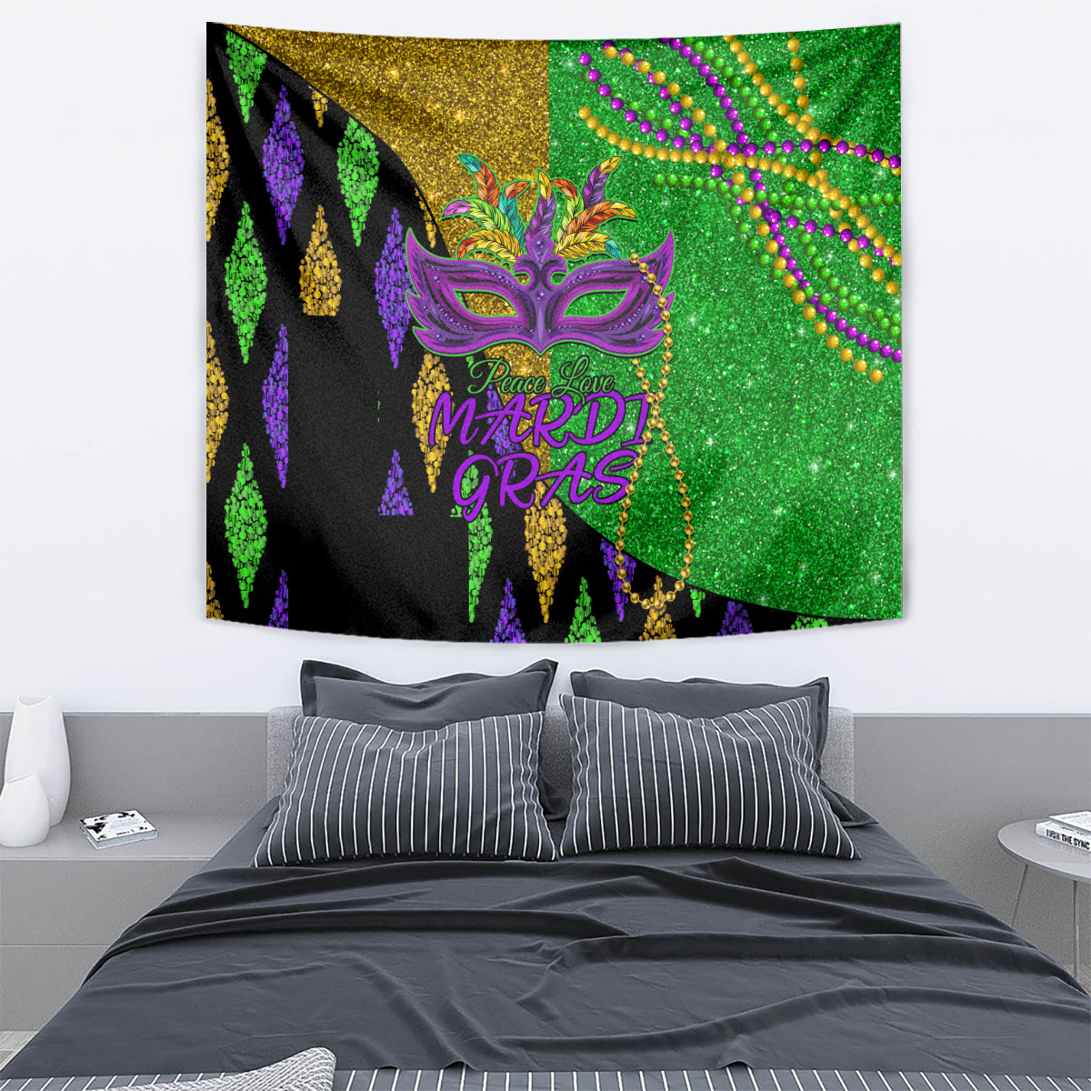 Peace Love Mardi Gras Tapestry Carnival Masks With Feathers - Wonder Print Shop