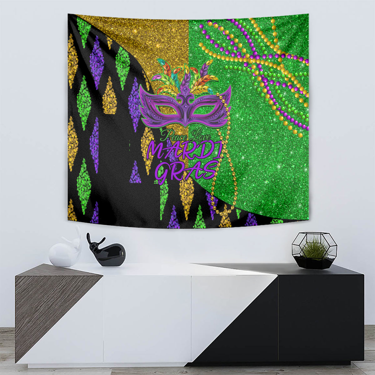 Peace Love Mardi Gras Tapestry Carnival Masks With Feathers - Wonder Print Shop