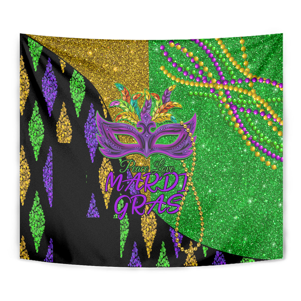 Peace Love Mardi Gras Tapestry Carnival Masks With Feathers - Wonder Print Shop