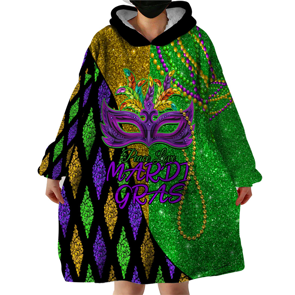 Peace Love Mardi Gras Wearable Blanket Hoodie Carnival Masks With Feathers - Wonder Print Shop