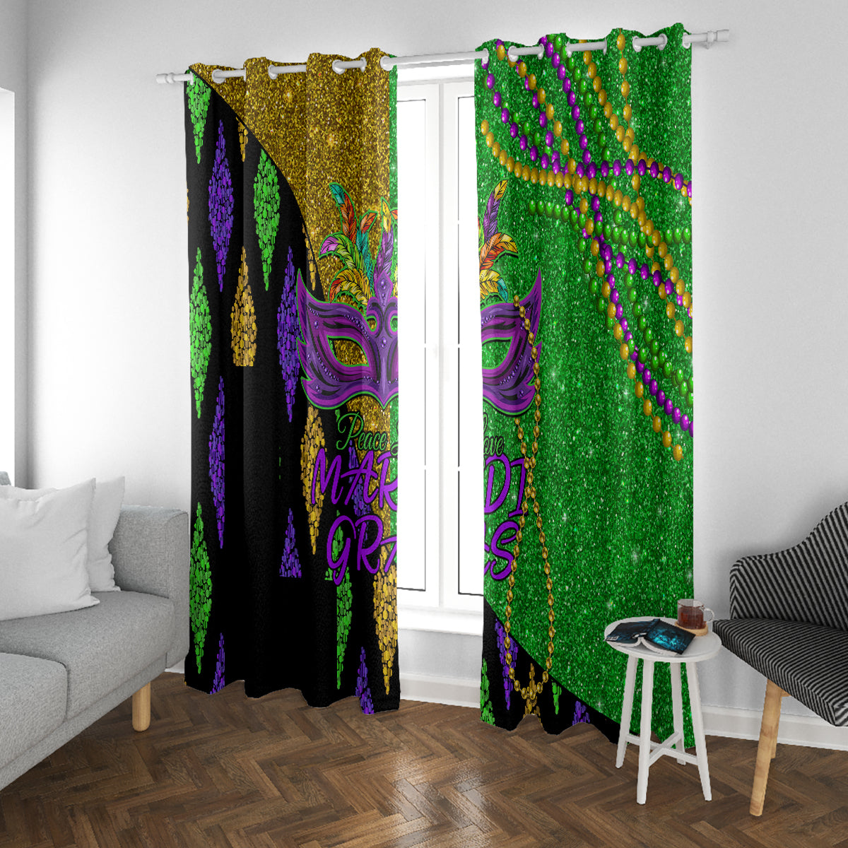 Peace Love Mardi Gras Window Curtain Carnival Masks With Feathers - Wonder Print Shop