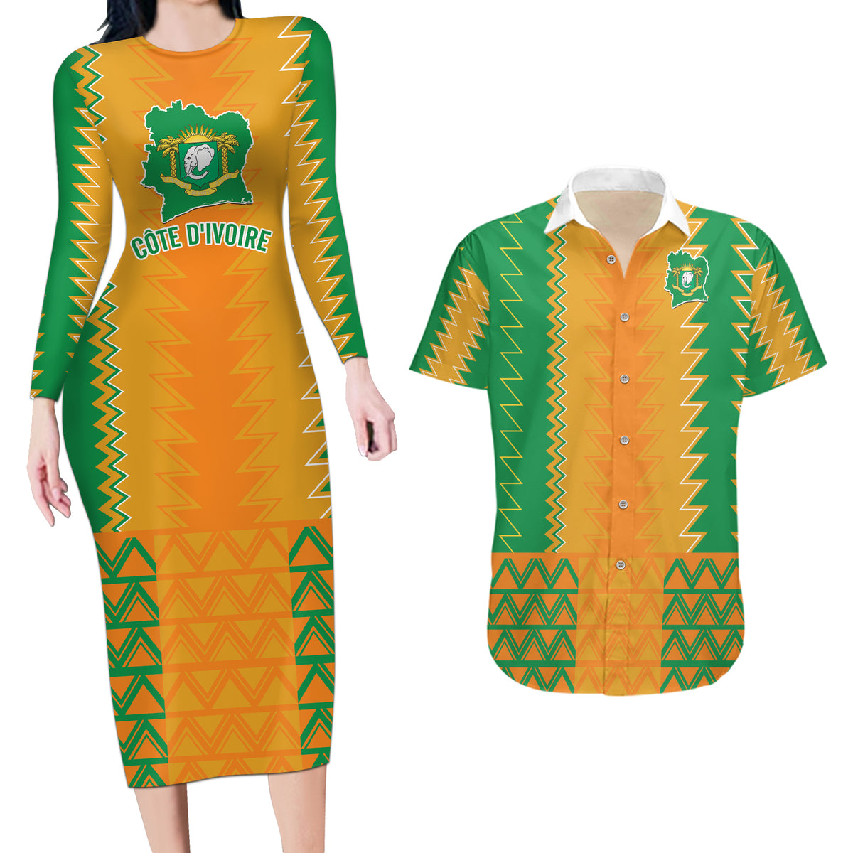 Custom Ivory Coast Football Couples Matching Long Sleeve Bodycon Dress and Hawaiian Shirt Les Elephants 2024 Sporty Style LT9 - Wonder Print Shop