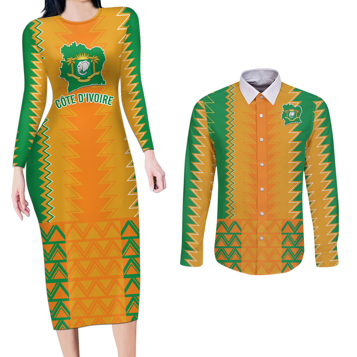 Custom Ivory Coast Football Couples Matching Long Sleeve Bodycon Dress and Long Sleeve Button Shirt Les Elephants 2024 Sporty Style LT9 - Wonder Print Shop