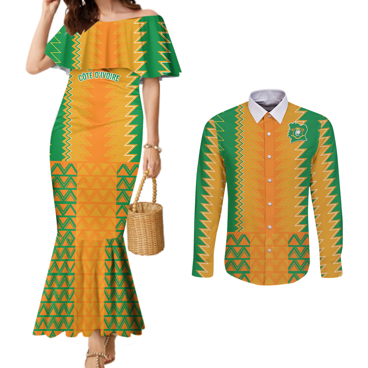 Custom Ivory Coast Football Couples Matching Mermaid Dress and Long Sleeve Button Shirt Les Elephants 2024 Sporty Style