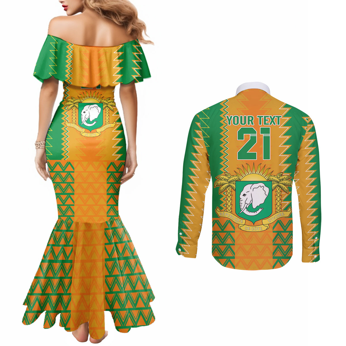 Custom Ivory Coast Football Couples Matching Mermaid Dress and Long Sleeve Button Shirt Les Elephants 2024 Sporty Style