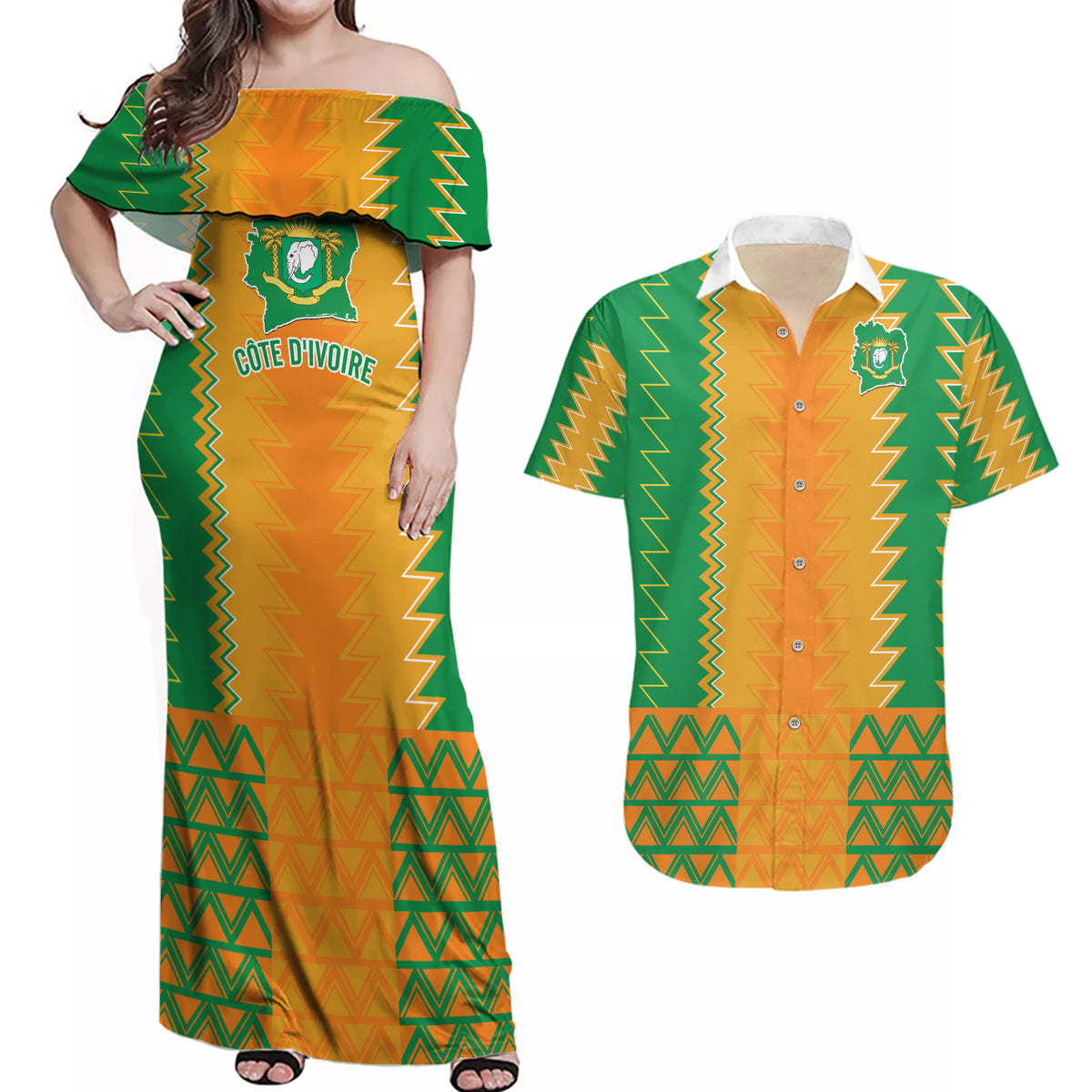 Custom Ivory Coast Football Couples Matching Off Shoulder Maxi Dress and Hawaiian Shirt Les Elephants 2024 Sporty Style LT9 - Wonder Print Shop