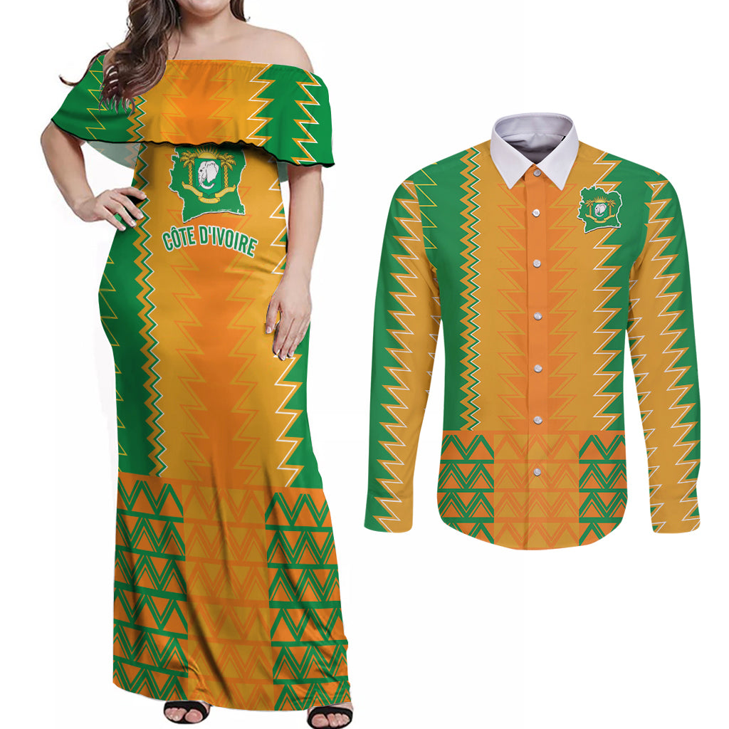 Custom Ivory Coast Football Couples Matching Off Shoulder Maxi Dress and Long Sleeve Button Shirt Les Elephants 2024 Sporty Style LT9 - Wonder Print Shop