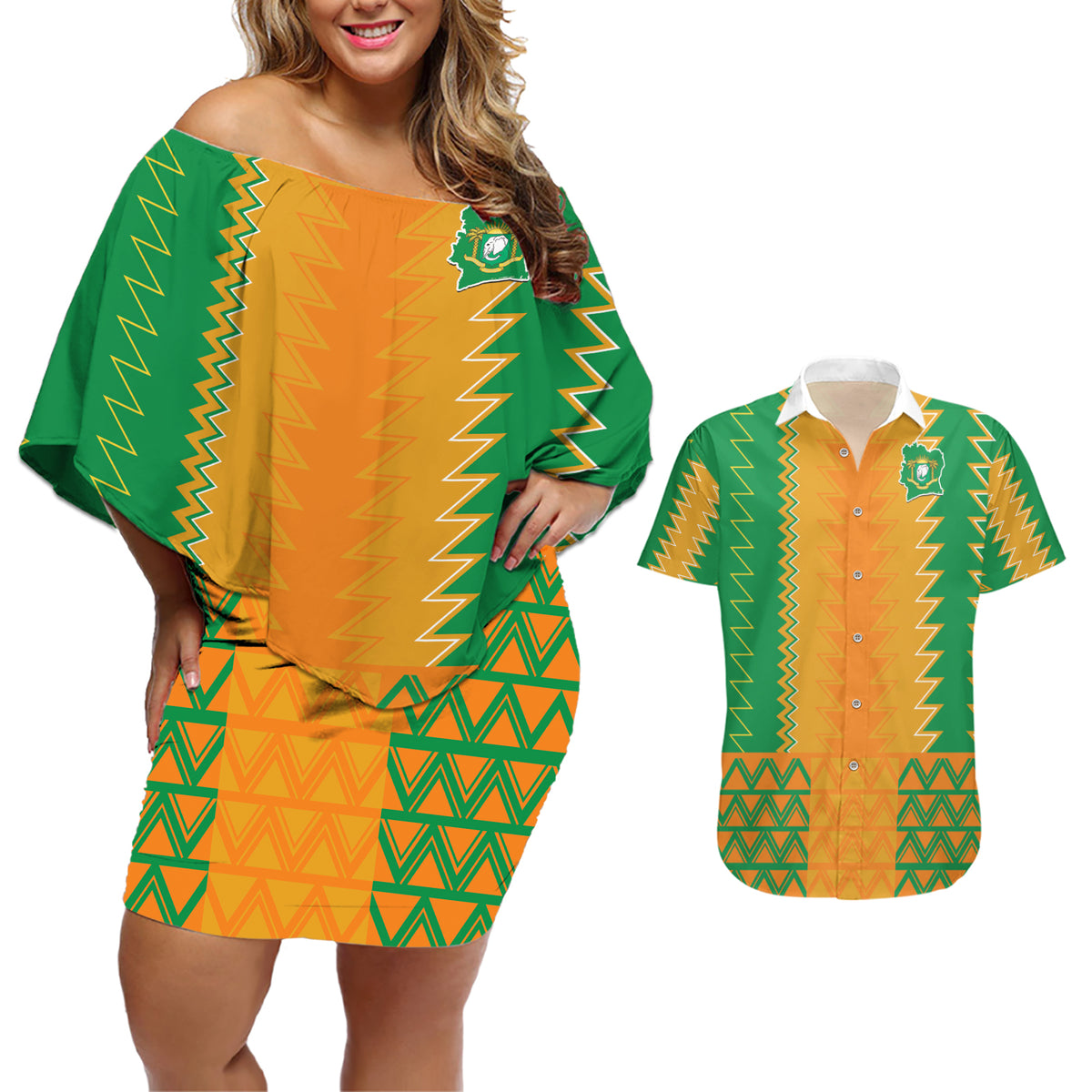 Custom Ivory Coast Football Couples Matching Off Shoulder Short Dress and Hawaiian Shirt Les Elephants 2024 Sporty Style LT9 - Wonder Print Shop